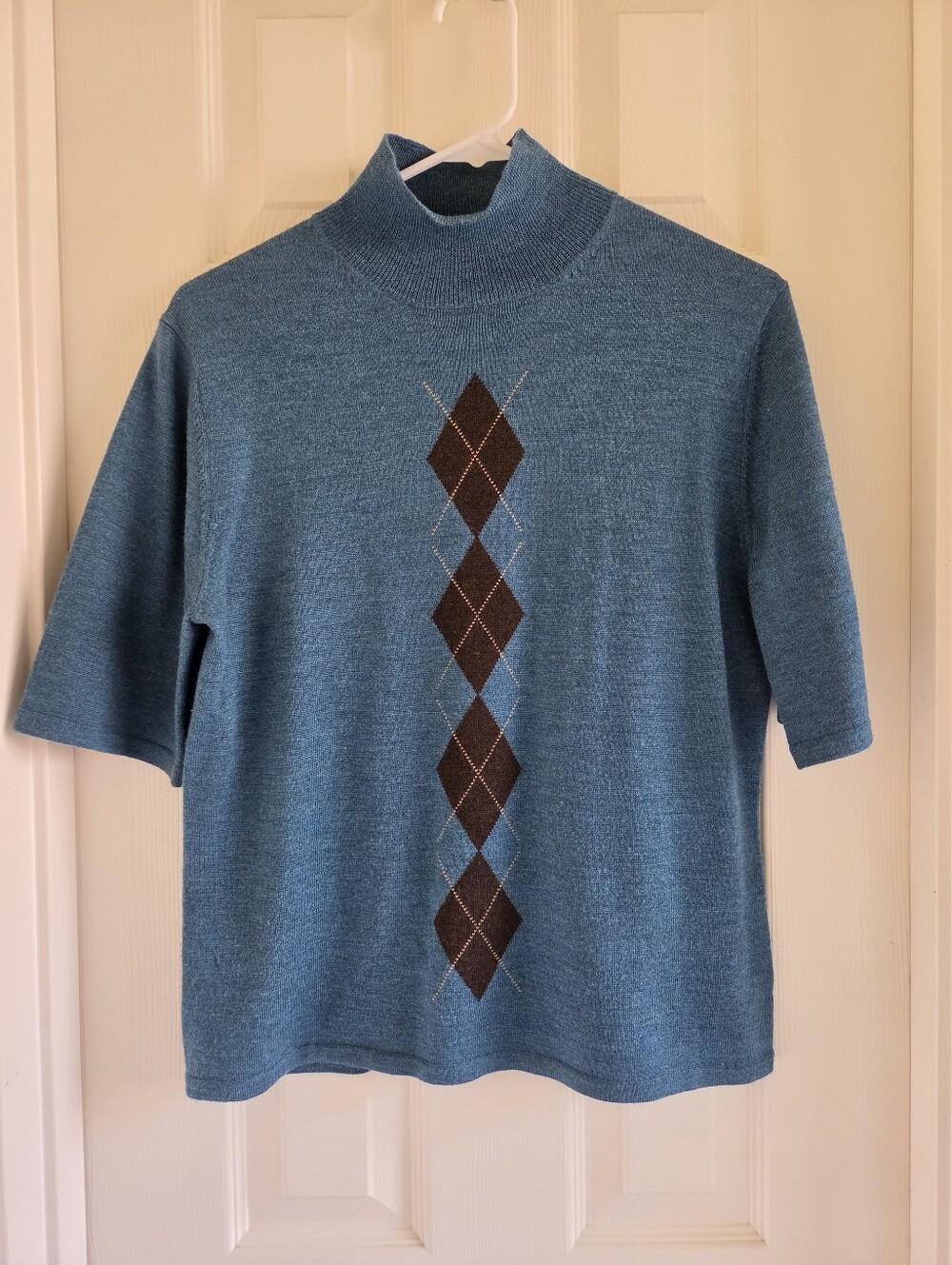 Eddie Bauer Merino Wool Sweater Womens L Blue Argyle Mock Neck Short Sleeve